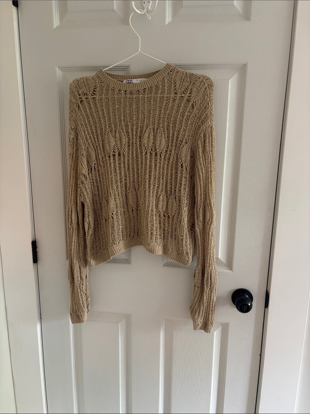 Zara Tan Open-Knit Distressed Crewneck Sweater